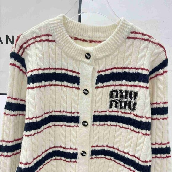 Miu Miu Women's Cream and Black Striped Cardigan - Picture 3 of 5